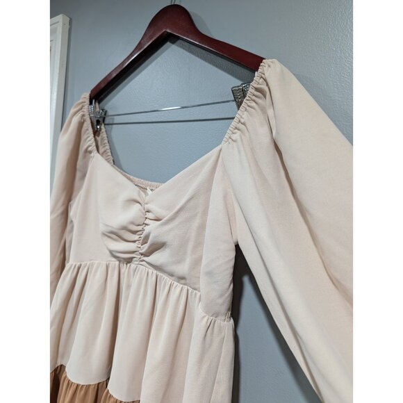 Entro Tri Color Tiered Dress Smocked Back Long Sleeve Tan Brown Boho Peasant L - Picture 8 of 16